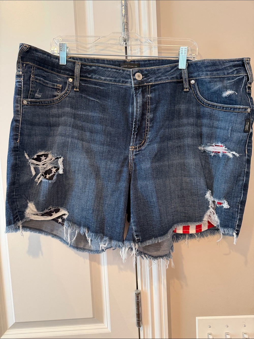 Silver Jeans Dark Blue Distressed Denim Shorts with Flag Patch